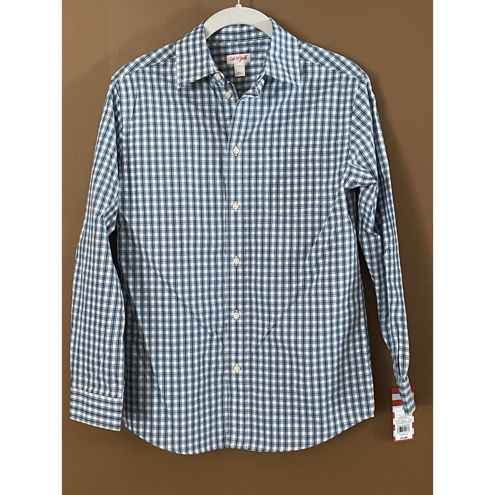 Cat & Jack Boys Teal Navy Button Down Collared Shirt Long Sleeve Large (12/14)